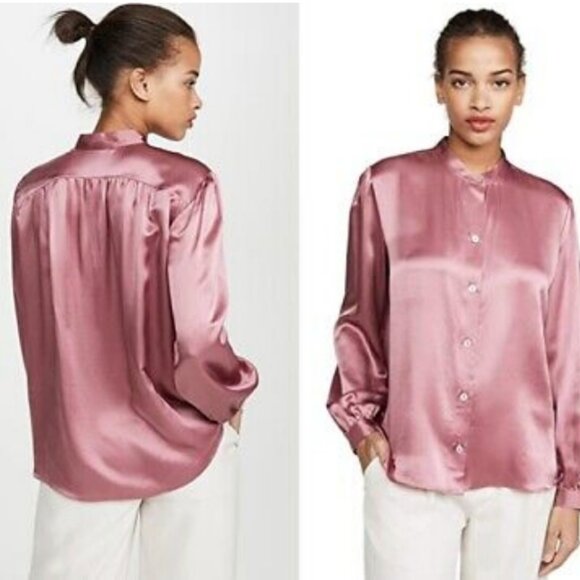 Vince shirred band-collar pink button down blouse in rose root - Picture 1 of 11